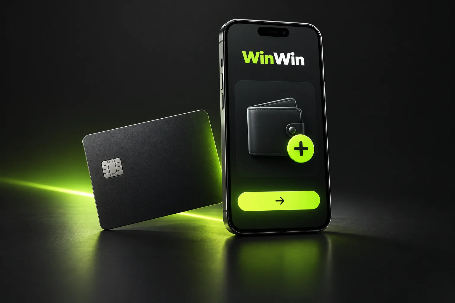 Wallet and payment card beside a WinWin screen